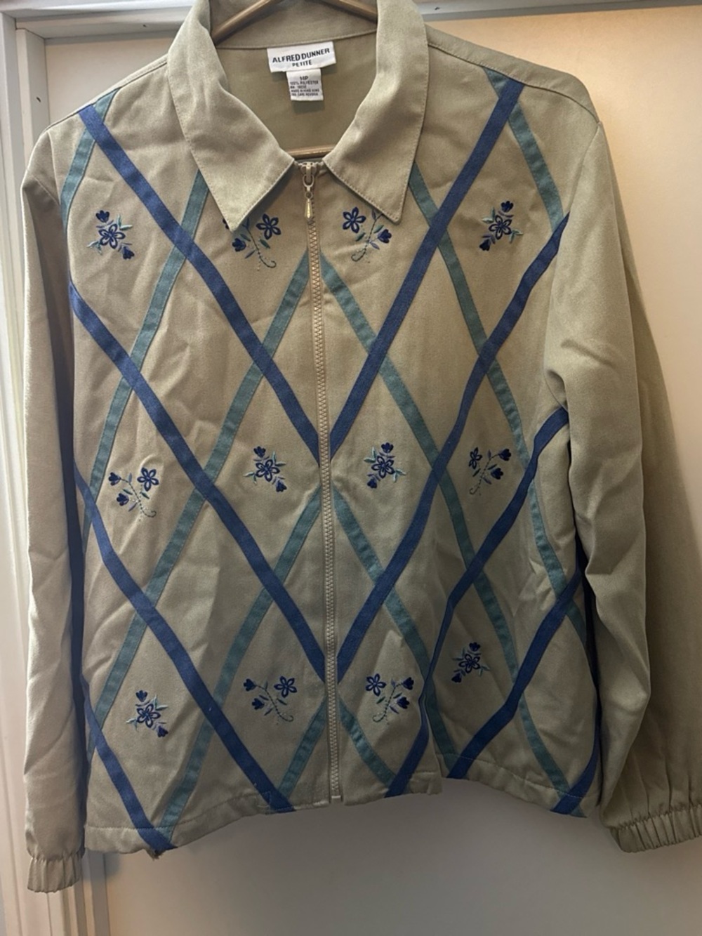 Alfred Dunner Beige Jacket with Blue Argyle and Floral Embroidery